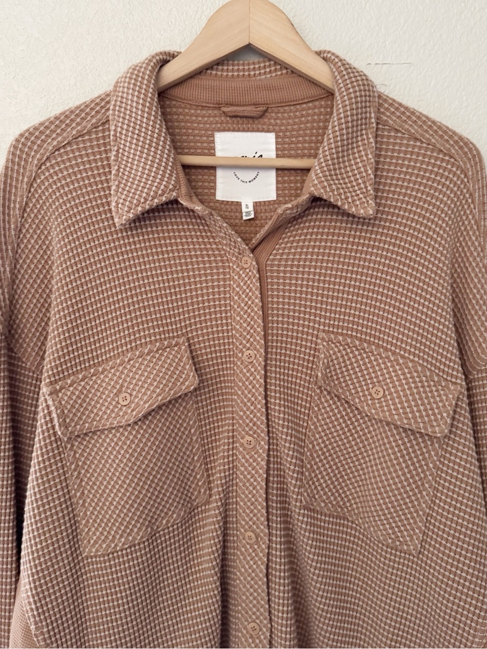 Aerie Lumber Jane Waffle Shirt Shacket XL Oversized Neutral Tan Thermal Minimal - Picture 8 of 13